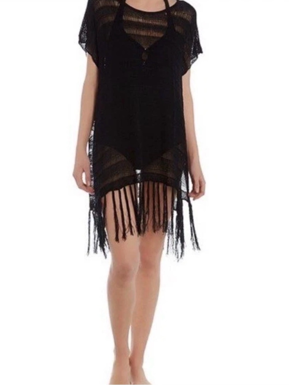 Polo Ralph Lauren Black Crochet Fringe Poncho Swim Cover Up Large Open Sides